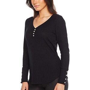 Chaser Womens Size S Black Thermal Waffle Knit Button Cuff Long Sleeve Shirt Top
